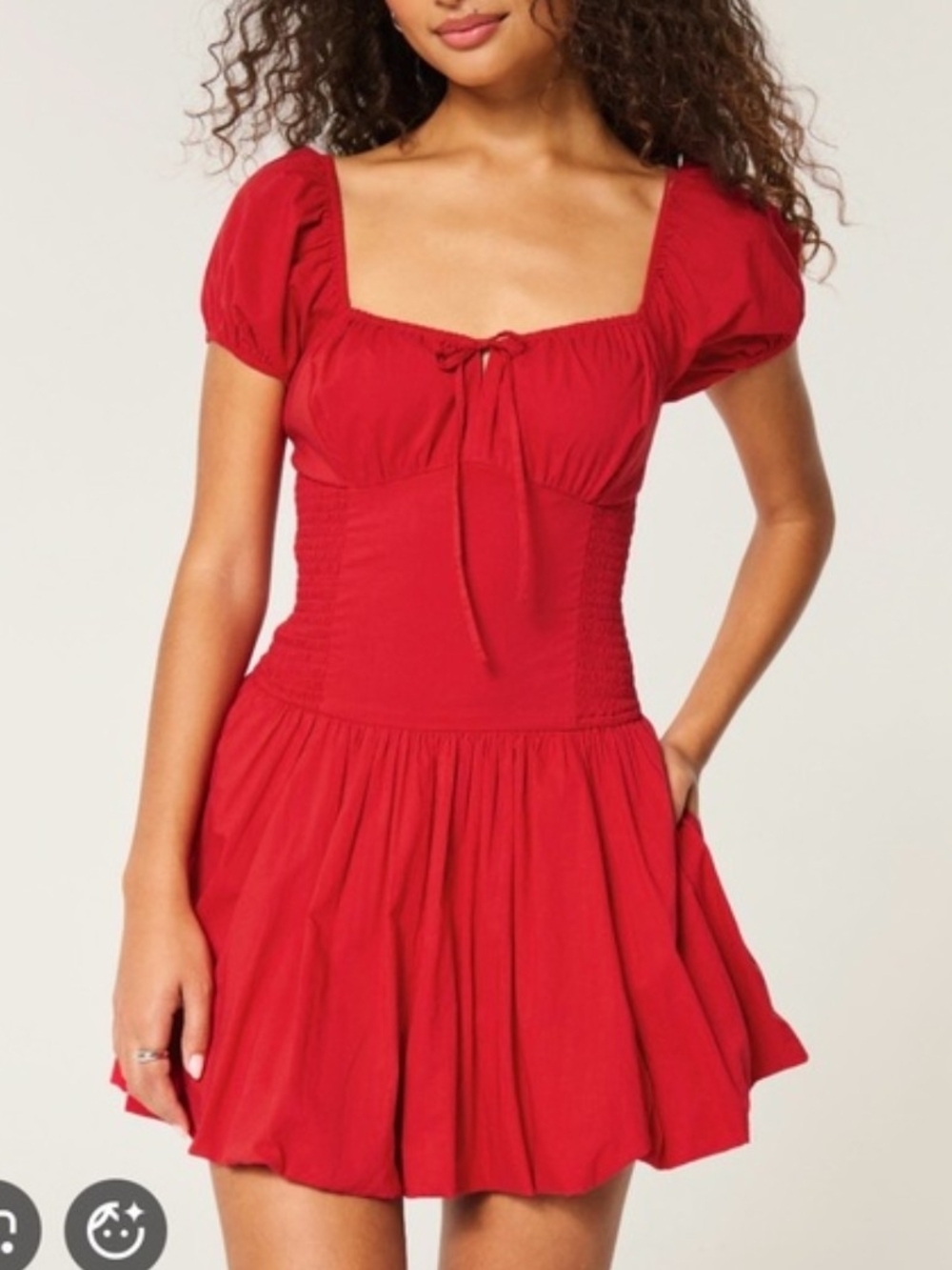 Hollister Red Puff-Sleeve Smocked Mini Dress
